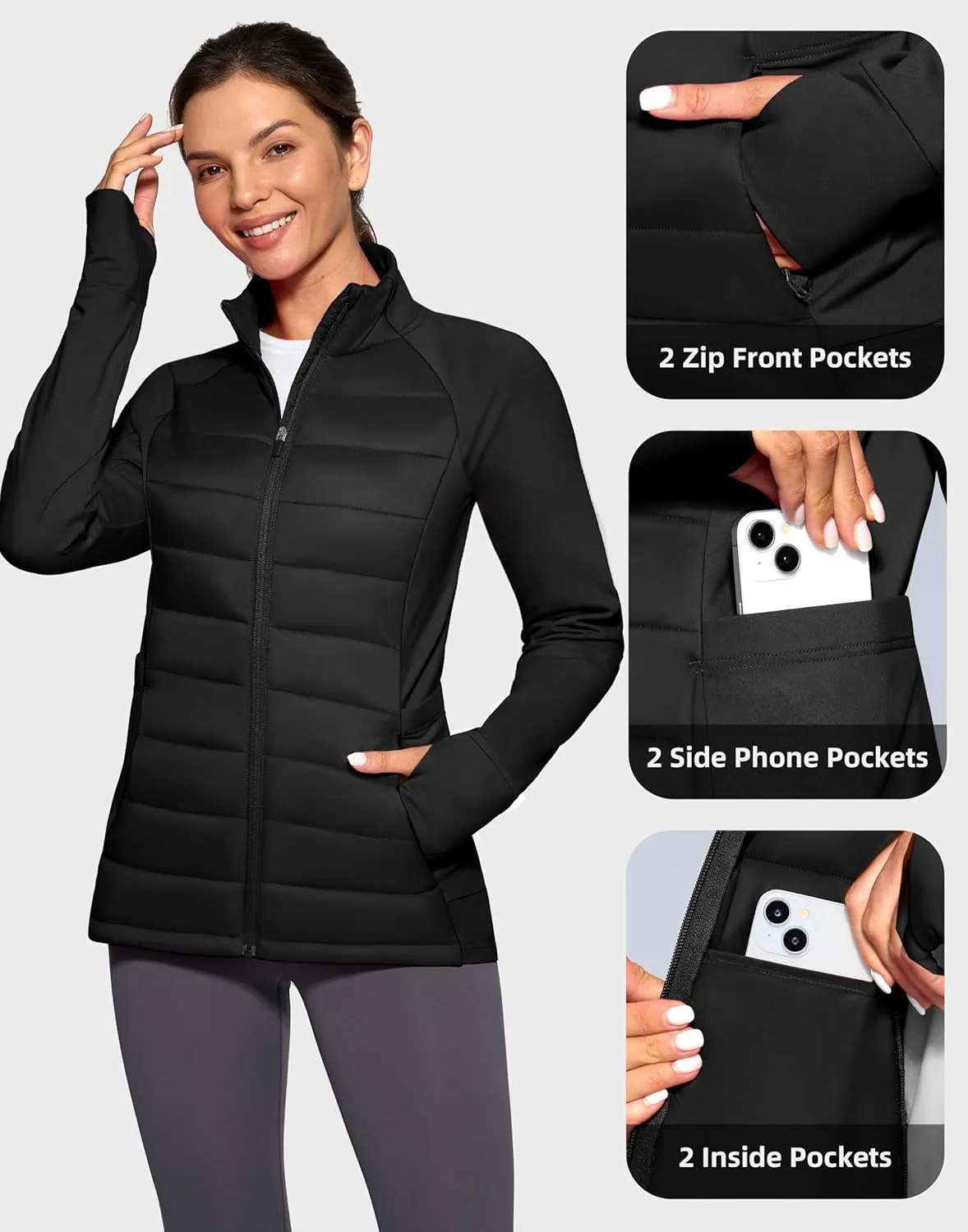 G Gradual Women's Running Fleece Lined Jackets 6 Pockets Lightweight Water Resistant Puffer Jacket for Hiking Travel