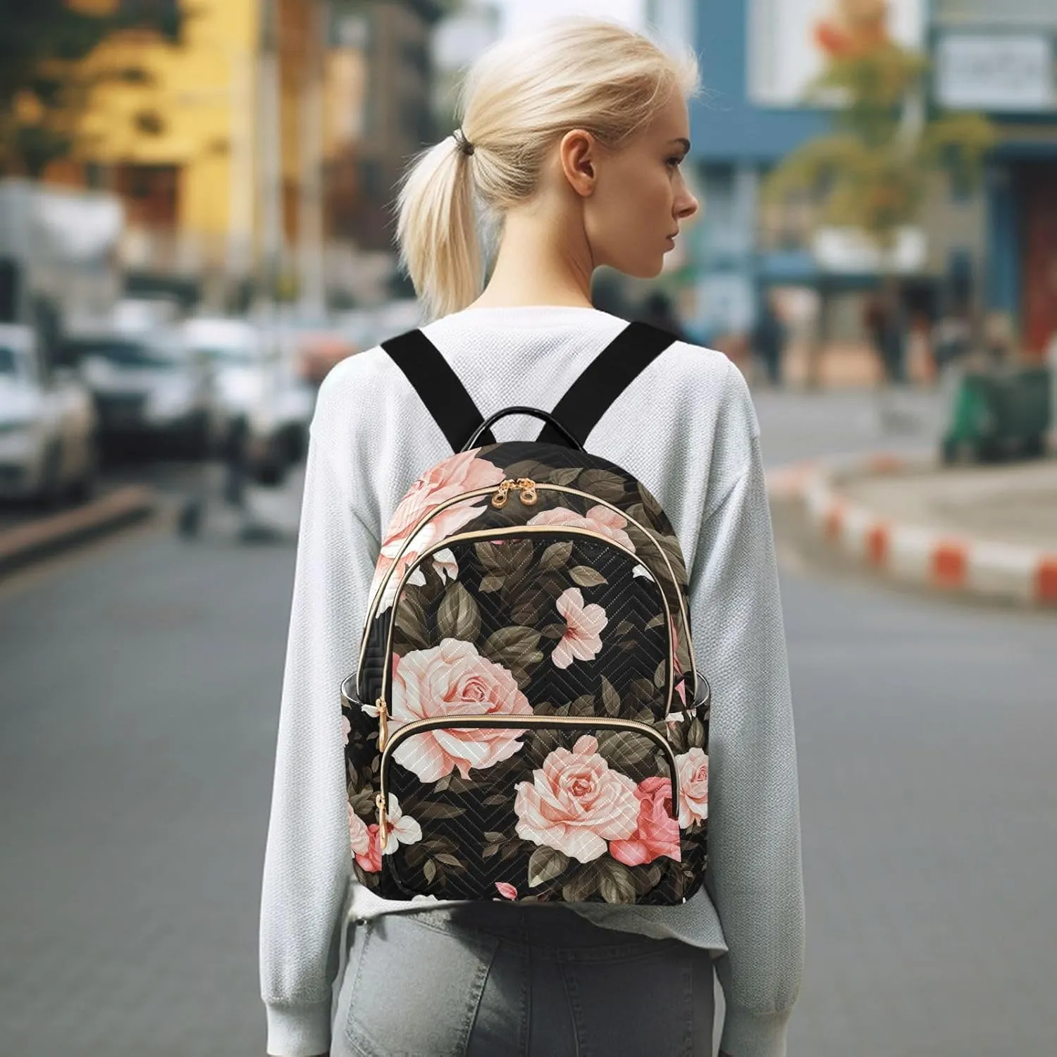 GAIGEO Floral Watercolor with Roses Womens Fashion Backpack, Women's Travel Backpack, Purse Backpack for Women, S