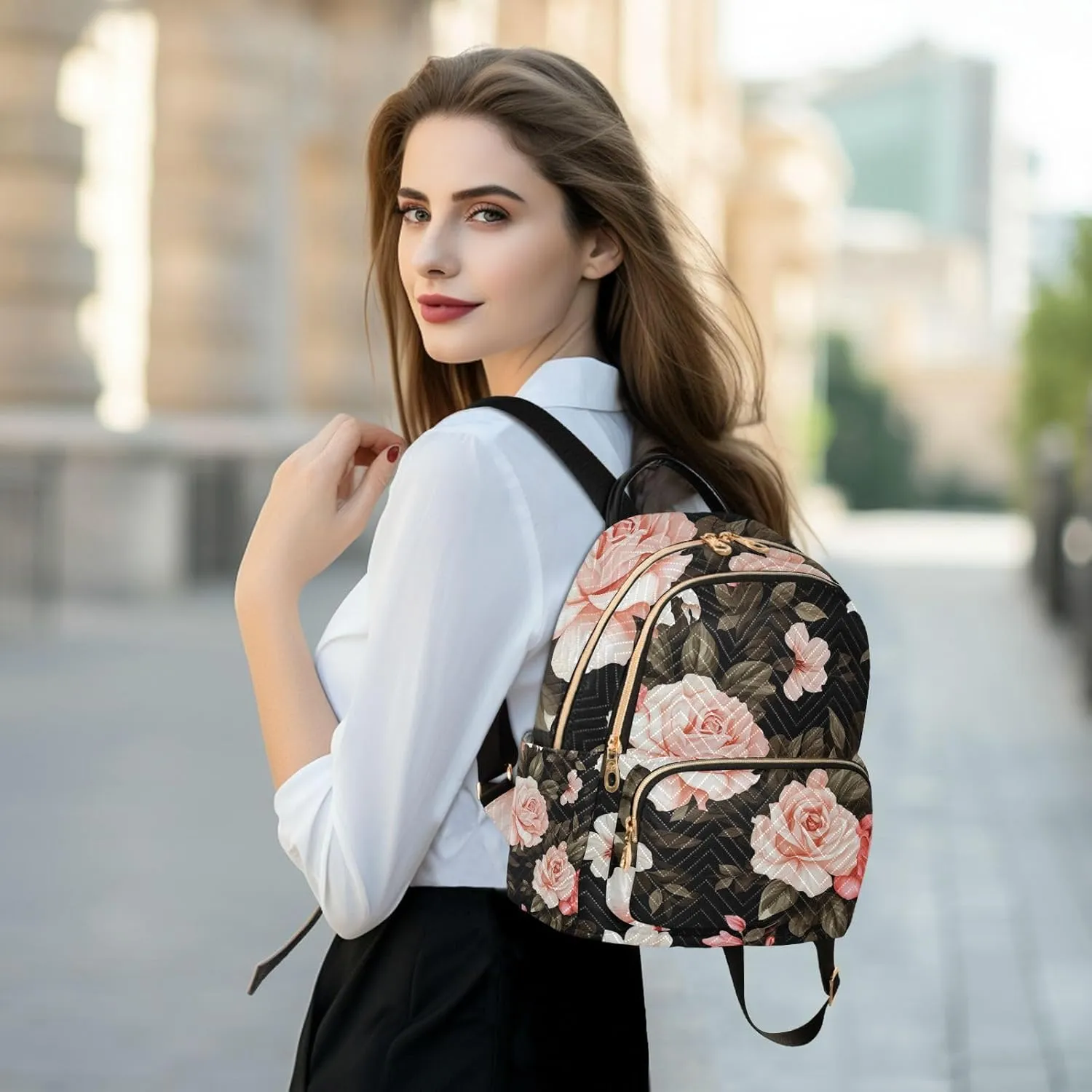 GAIGEO Floral Watercolor with Roses Womens Fashion Backpack, Women's Travel Backpack, Purse Backpack for Women, S