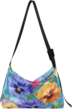 GAIGEO Watercolor Pansies and Flowers Leather Crossbody Bag, Crossbody Bag Leather Wide Strap, Leather Sling Bag Men