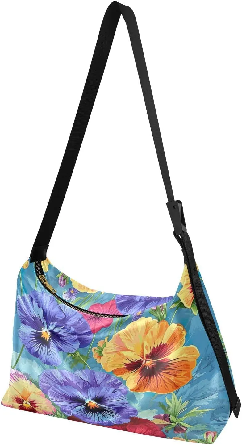 GAIGEO Watercolor Pansies and Flowers Leather Crossbody Bag, Crossbody Bag Leather Wide Strap, Leather Sling Bag Men