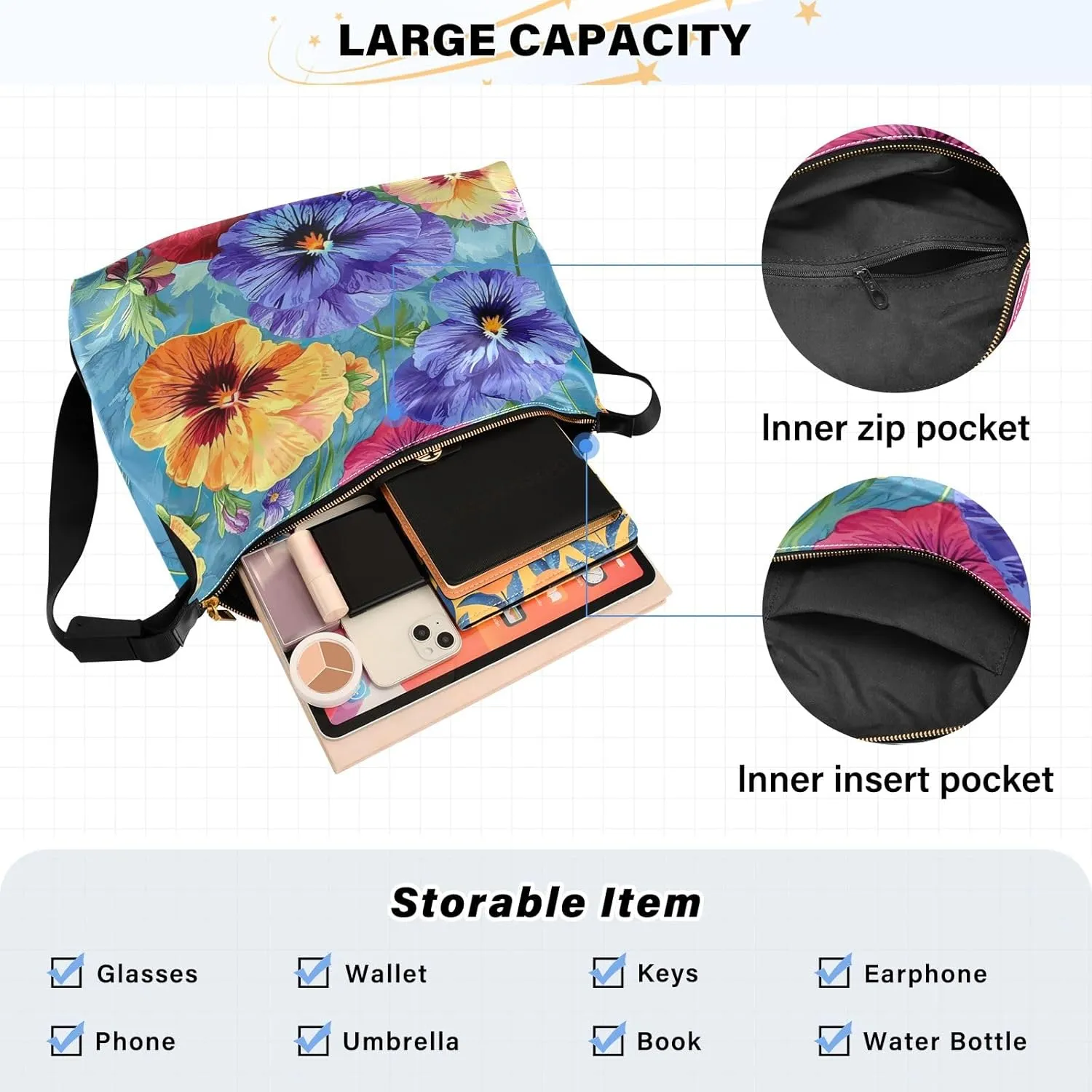 GAIGEO Watercolor Pansies and Flowers Leather Crossbody Bag, Crossbody Bag Leather Wide Strap, Leather Sling Bag Men