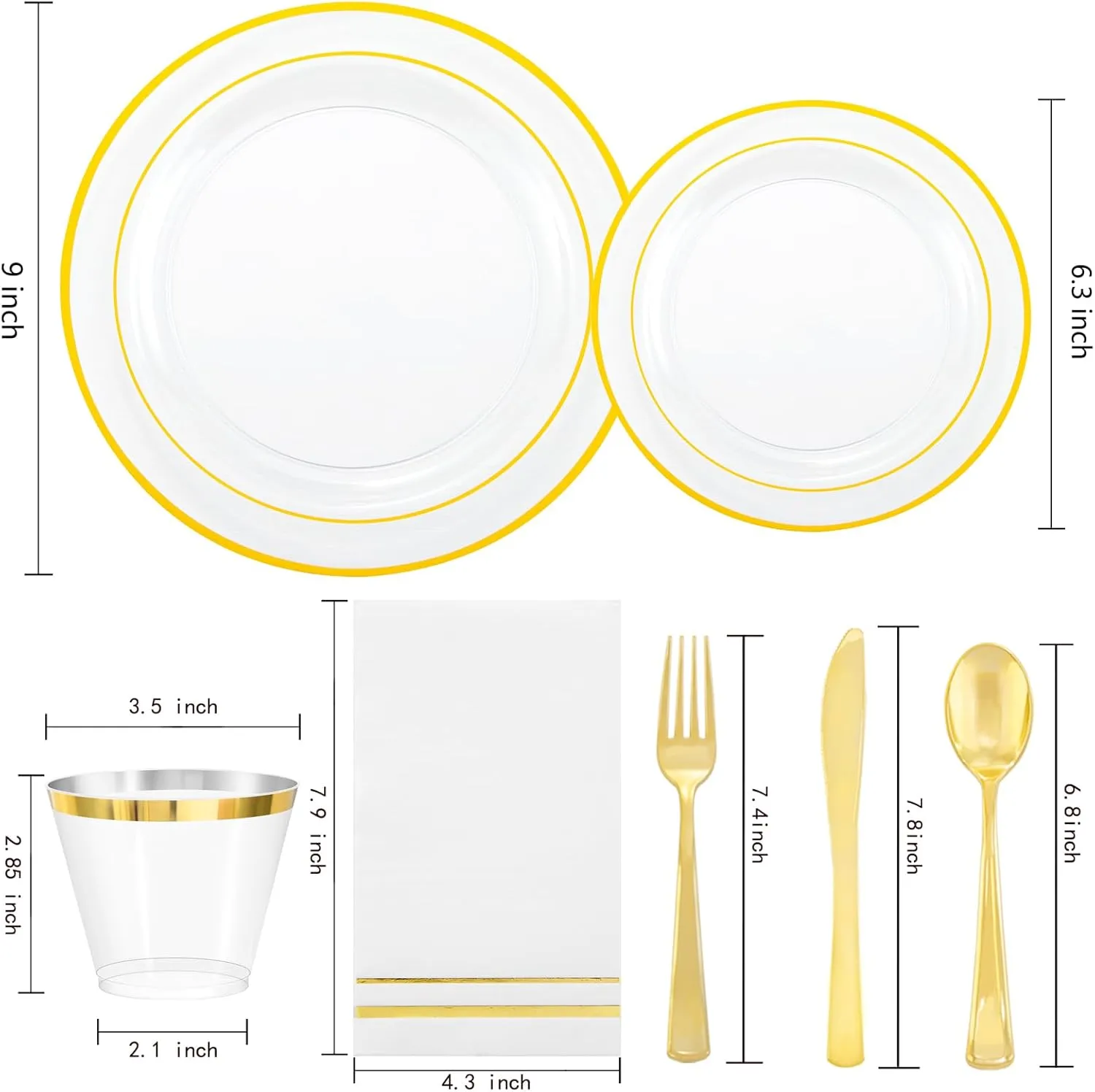 GATHER 350PCS Clear Gold Plastic Plates - Disposable Gold Dinnerware Sets Includes 100 Gold Rim Plastic Plates, 150 Silverware, 50 Napkins, 50 Cups for Party, Wedding & Birthday