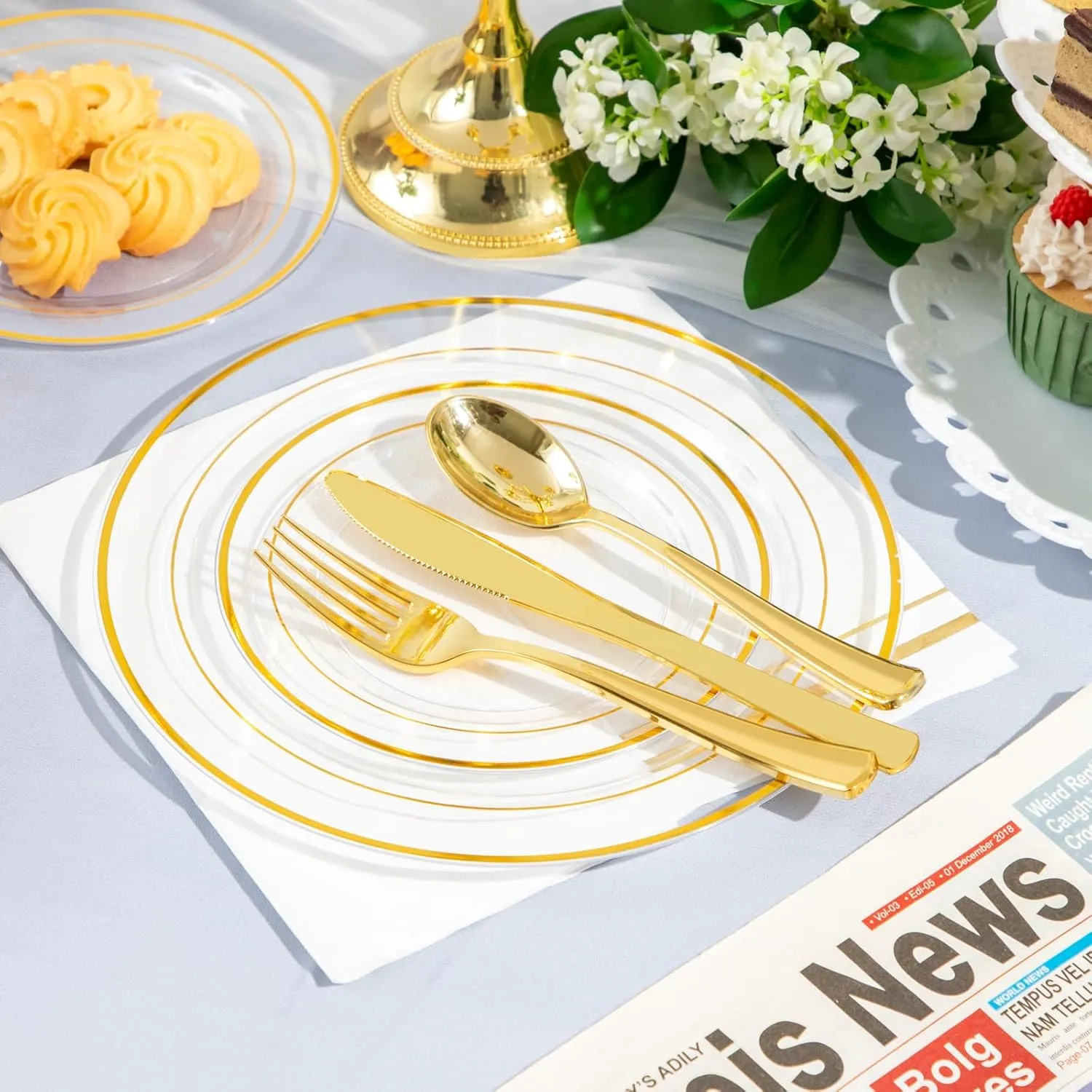 GATHER 350PCS Clear Gold Plastic Plates - Disposable Gold Dinnerware Sets Includes 100 Gold Rim Plastic Plates, 150 Silverware, 50 Napkins, 50 Cups for Party, Wedding & Birthday