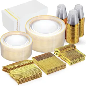 GATHER 350PCS Clear Gold Plastic Plates - Disposable Gold Dinnerware Sets Includes 100 Gold Rim Plastic Plates, 150 Silverware, 50 Napkins, 50 Cups for Party, Wedding & Birthday
