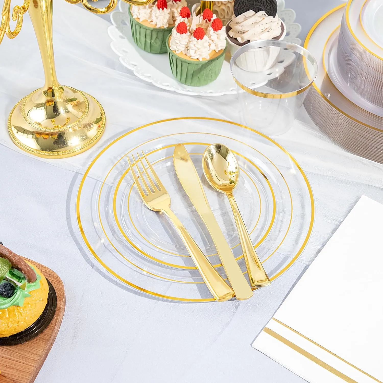 GATHER 350PCS Clear Gold Plastic Plates - Disposable Gold Dinnerware Sets Includes 100 Gold Rim Plastic Plates, 150 Silverware, 50 Napkins, 50 Cups for Party, Wedding & Birthday