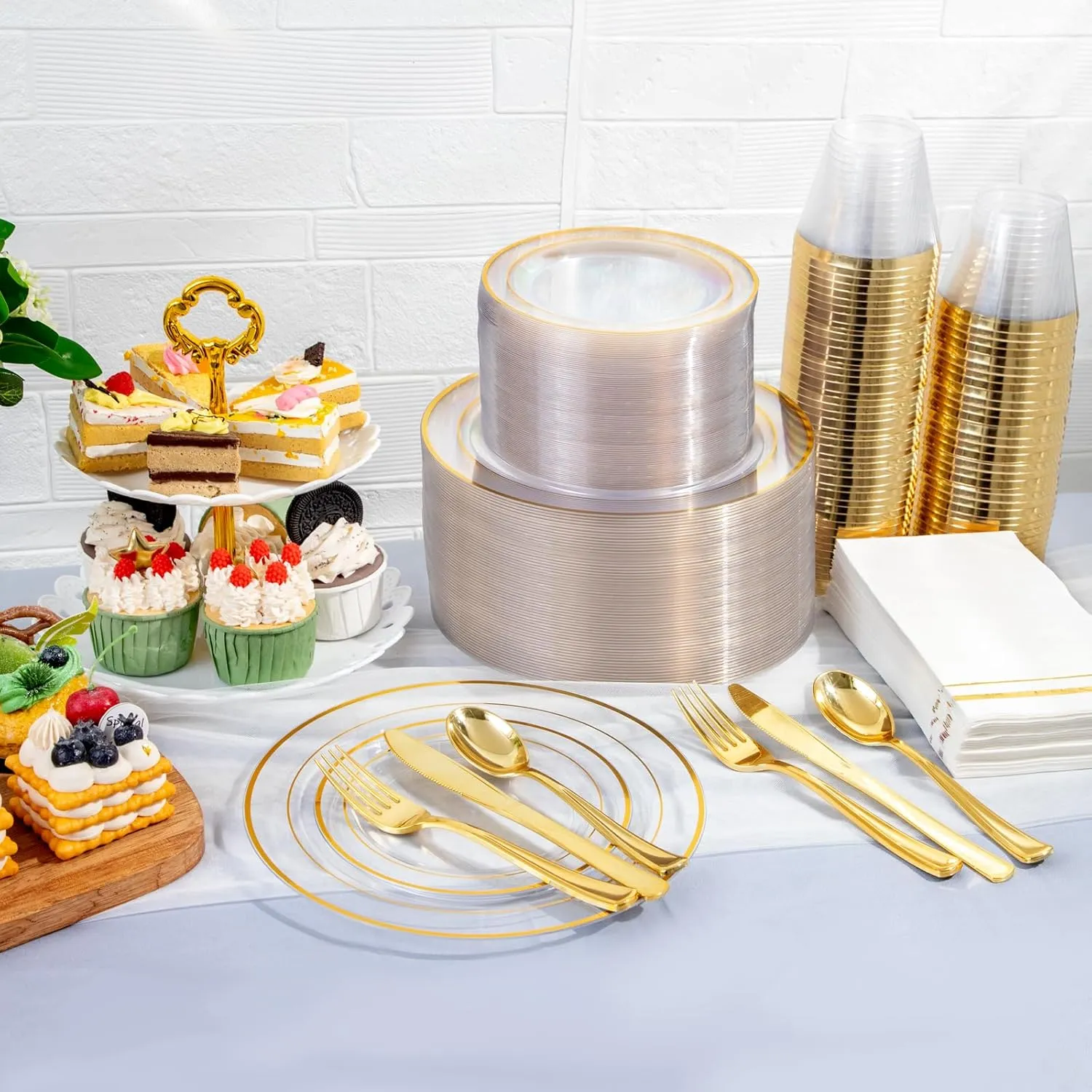 GATHER 350PCS Clear Gold Plastic Plates - Disposable Gold Dinnerware Sets Includes 100 Gold Rim Plastic Plates, 150 Silverware, 50 Napkins, 50 Cups for Party, Wedding & Birthday