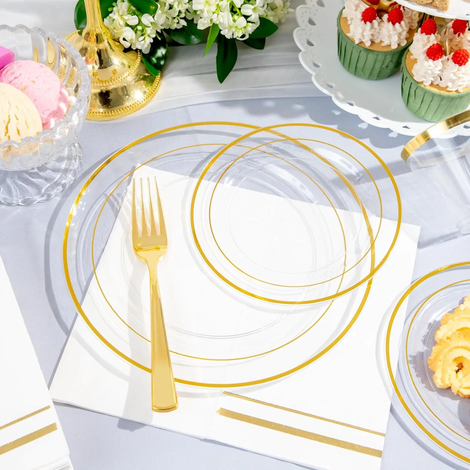 GATHER 350PCS Clear Gold Plastic Plates - Disposable Gold Dinnerware Sets Includes 100 Gold Rim Plastic Plates, 150 Silverware, 50 Napkins, 50 Cups for Party, Wedding & Birthday