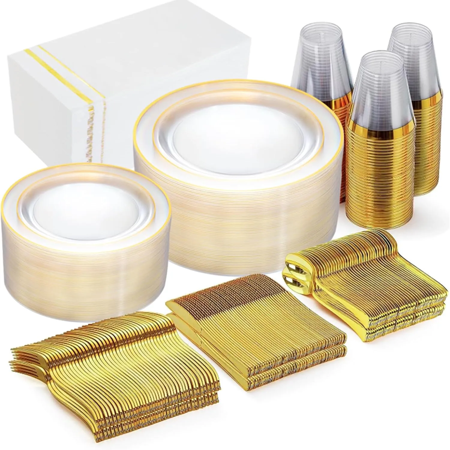 GATHER 350PCS Clear Gold Plastic Plates - Disposable Gold Dinnerware Sets Includes 100 Gold Rim Plastic Plates, 150 Silverware, 50 Napkins, 50 Cups for Party, Wedding & Birthday