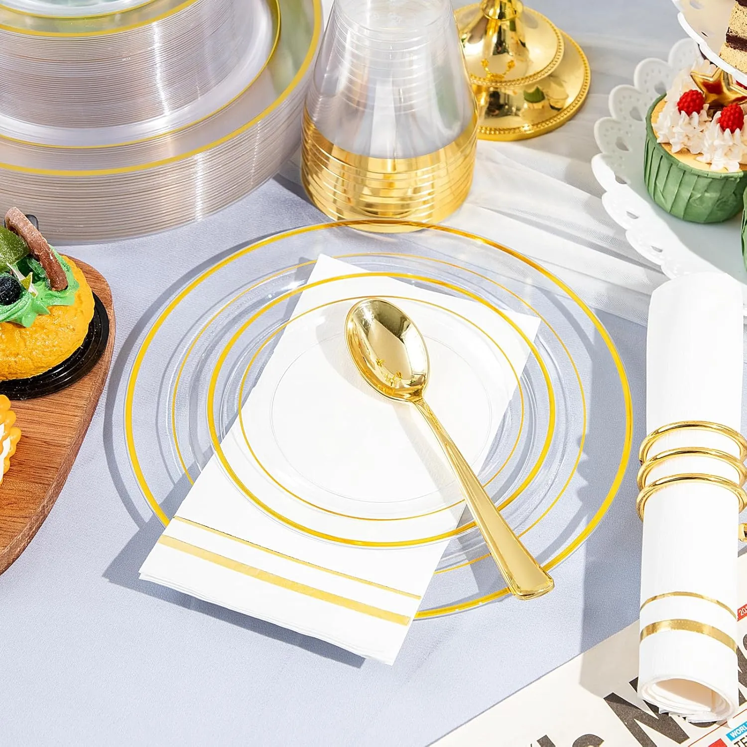 GATHER 350PCS Clear Gold Plastic Plates - Disposable Gold Dinnerware Sets Includes 100 Gold Rim Plastic Plates, 150 Silverware, 50 Napkins, 50 Cups for Party, Wedding & Birthday