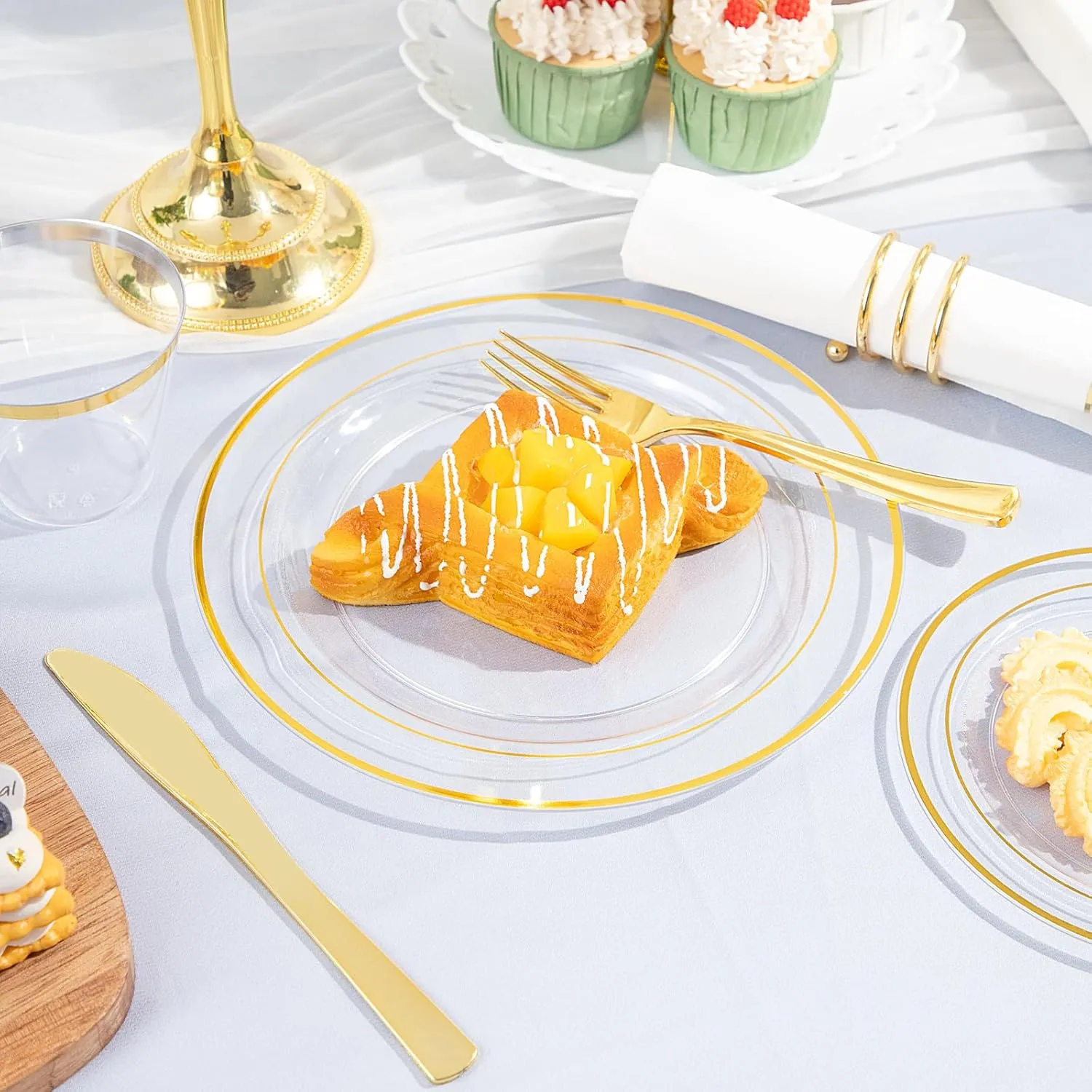 GATHER 350PCS Clear Gold Plastic Plates - Disposable Gold Dinnerware Sets Includes 100 Gold Rim Plastic Plates, 150 Silverware, 50 Napkins, 50 Cups for Party, Wedding & Birthday