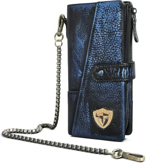 Genuine Crazy Horse Leather Travel Gift Coin Pocket Card Case Long Organizer Chain Rfid Wallet Purse With Snap For Men Male 1803 (1803 C-Blue)