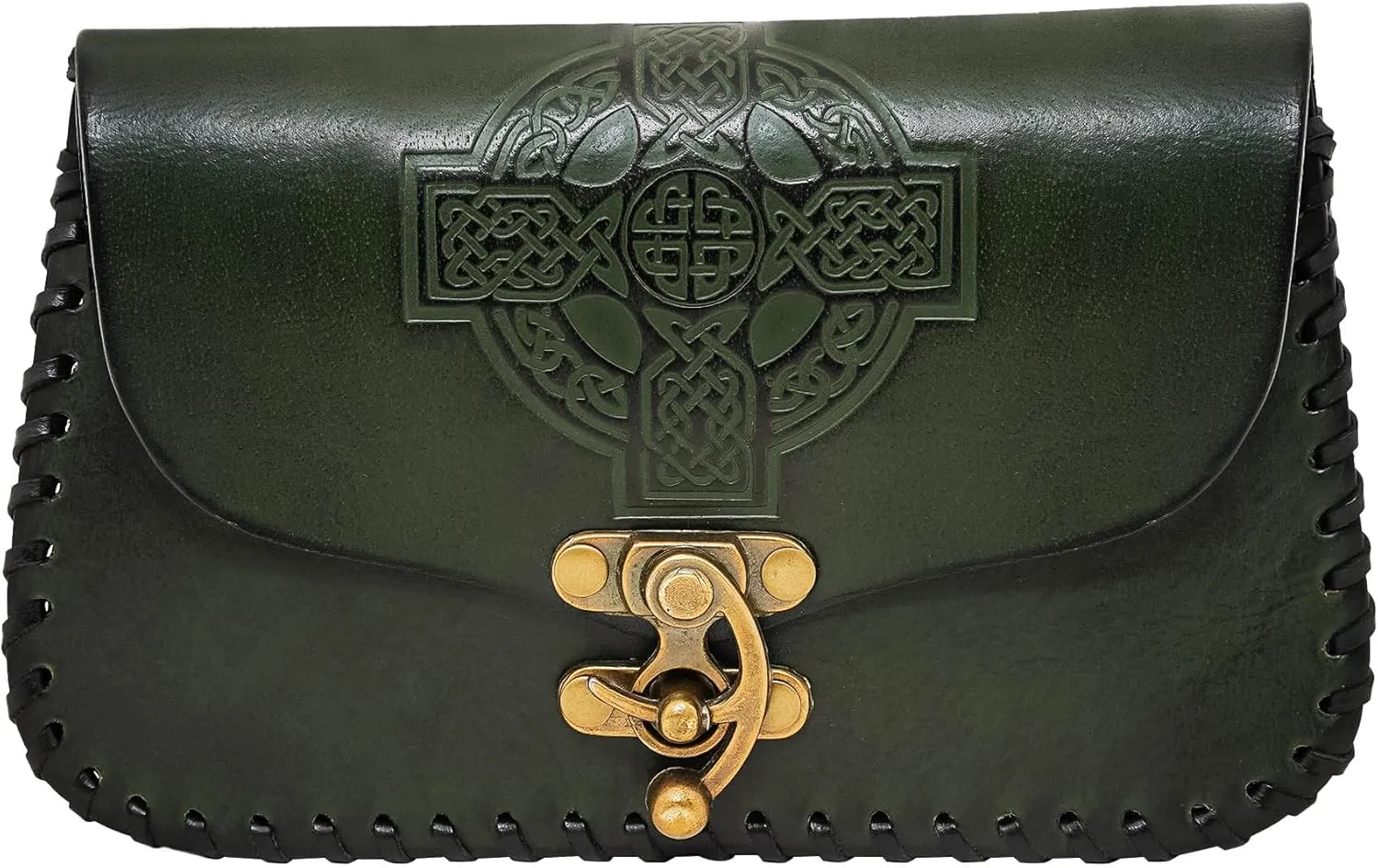 Genuine Leather Bag Celtic Cross Design Belt Pouch Costume Accessories Viking Belt Coin Bag for Larp, Ren Faire, Halloween (Green)