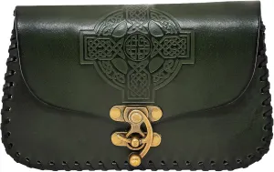 Genuine Leather Bag Celtic Cross Design Belt Pouch Costume Accessories Viking Belt Coin Bag for Larp, Ren Faire, Halloween (Green)