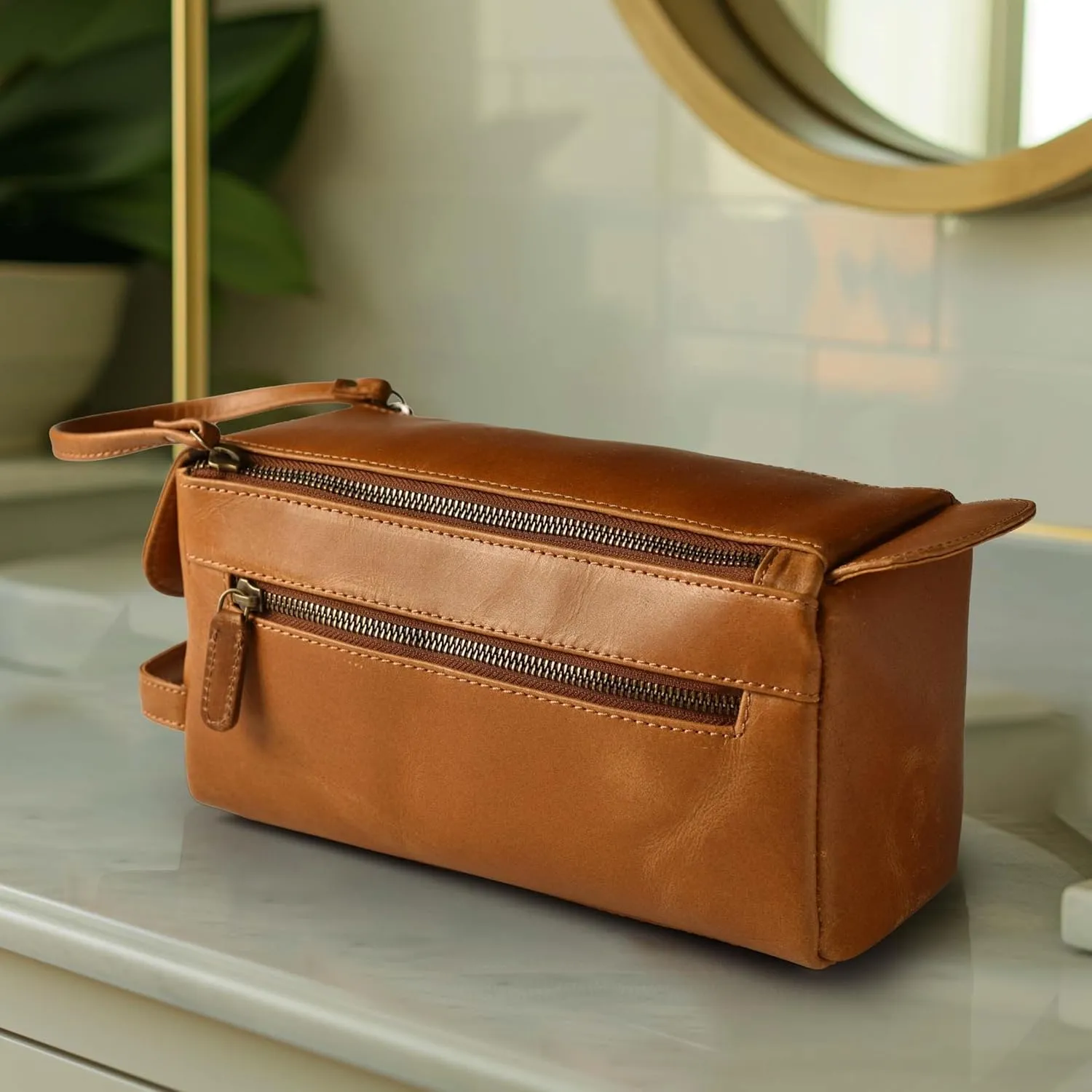 Genuine Leather Dopp Kit - Unisex Water-Resistance Cosmetic & Shaving Bag, Travel Organizer Toiletry Bag for Men & Women (10x5x4.5, Tan Brown)