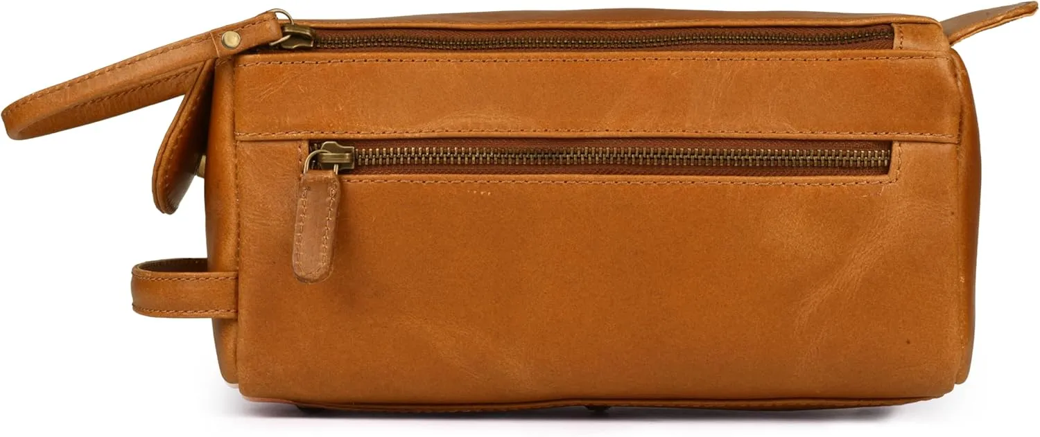 Genuine Leather Dopp Kit - Unisex Water-Resistance Cosmetic & Shaving Bag, Travel Organizer Toiletry Bag for Men & Women (10x5x4.5, Tan Brown)