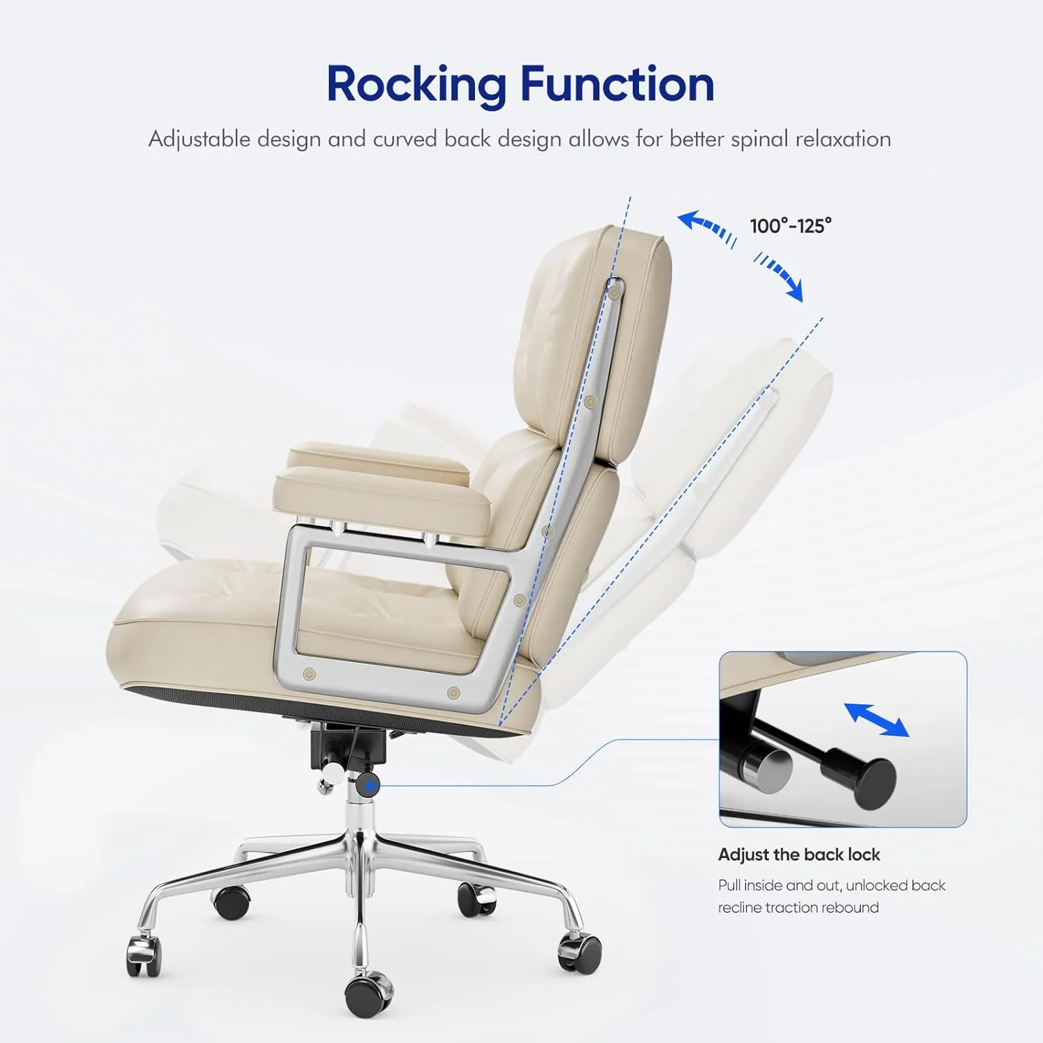 Genuine Leather Office Chair, Padded Mid Back Home Office Desk Chair with Thickened Lumbar Support Cushion, Aluminum Alloy Frame, 360° Swivel, High-Adjustable, Tilting and Rocking Function