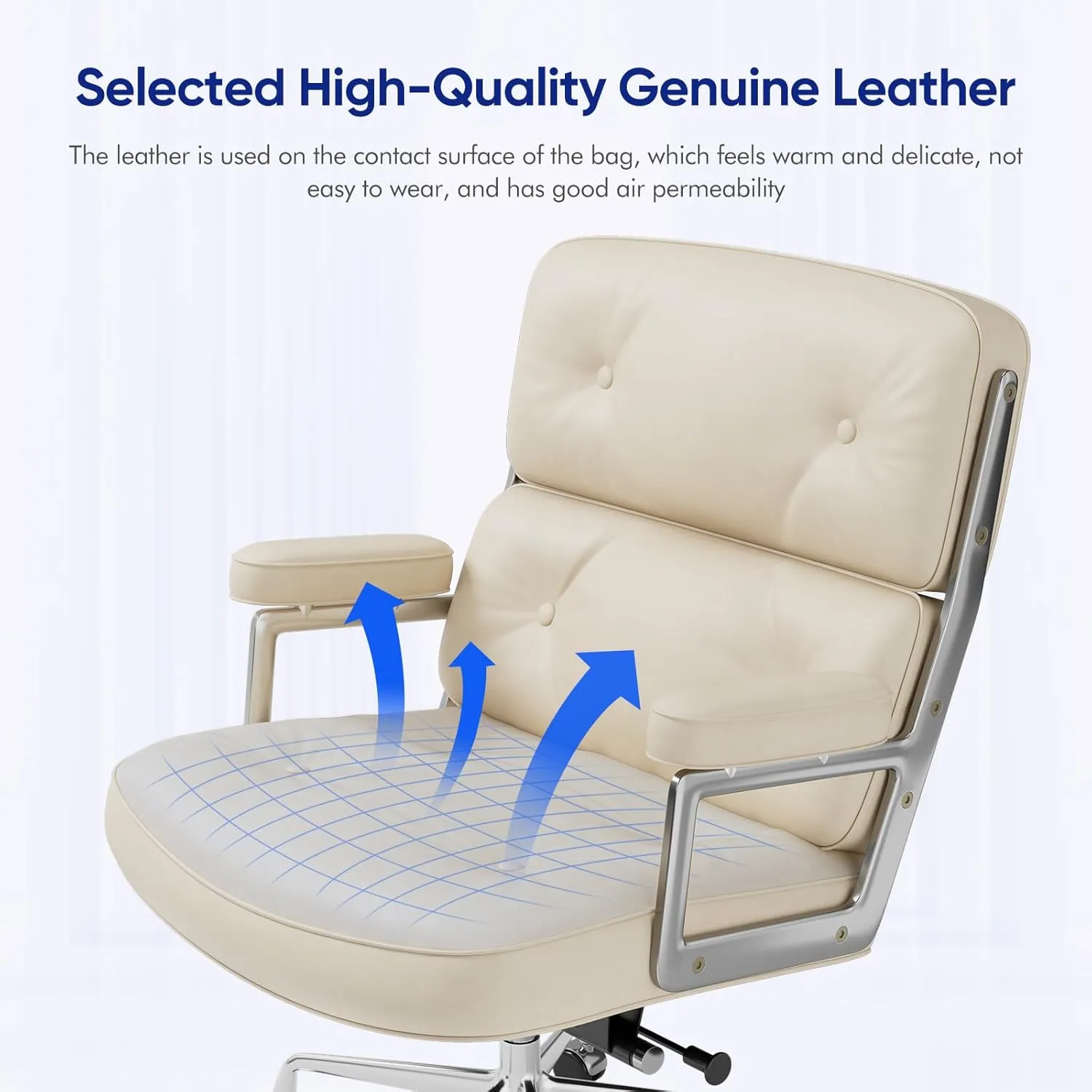 Genuine Leather Office Chair, Padded Mid Back Home Office Desk Chair with Thickened Lumbar Support Cushion, Aluminum Alloy Frame, 360° Swivel, High-Adjustable, Tilting and Rocking Function