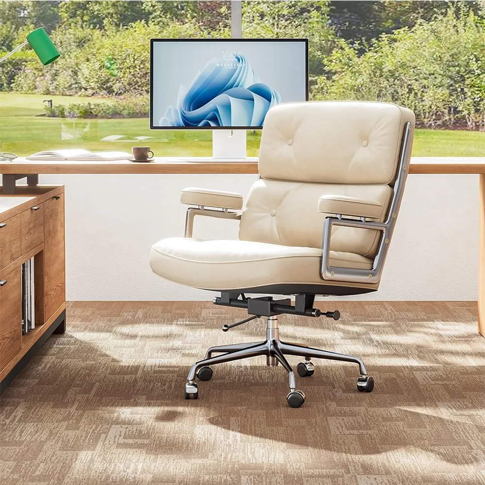 Genuine Leather Office Chair, Padded Mid Back Home Office Desk Chair with Thickened Lumbar Support Cushion, Aluminum Alloy Frame, 360° Swivel, High-Adjustable, Tilting and Rocking Function