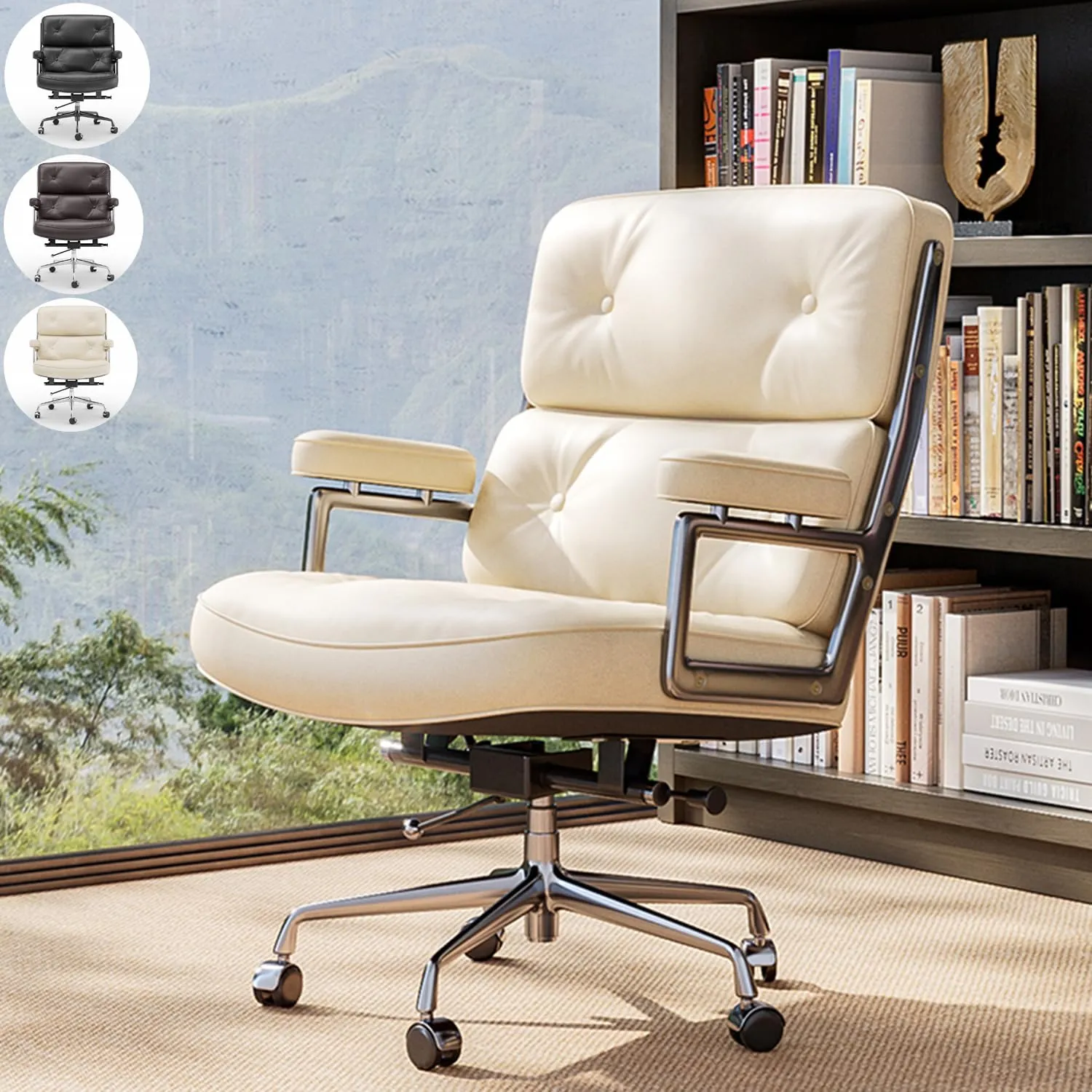 Genuine Leather Office Chair, Padded Mid Back Home Office Desk Chair with Thickened Lumbar Support Cushion, Aluminum Alloy Frame, 360° Swivel, High-Adjustable, Tilting and Rocking Function