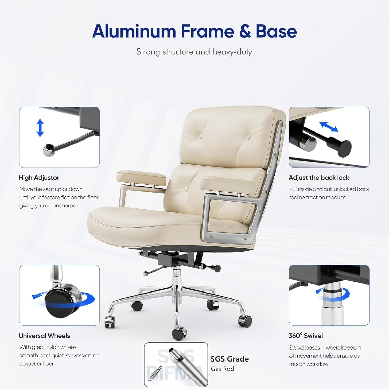 Genuine Leather Office Chair, Padded Mid Back Home Office Desk Chair with Thickened Lumbar Support Cushion, Aluminum Alloy Frame, 360° Swivel, High-Adjustable, Tilting and Rocking Function