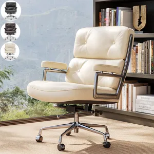 Genuine Leather Office Chair, Padded Mid Back Home Office Desk Chair with Thickened Lumbar Support Cushion, Aluminum Alloy Frame, 360° Swivel, High-Adjustable, Tilting and Rocking Function