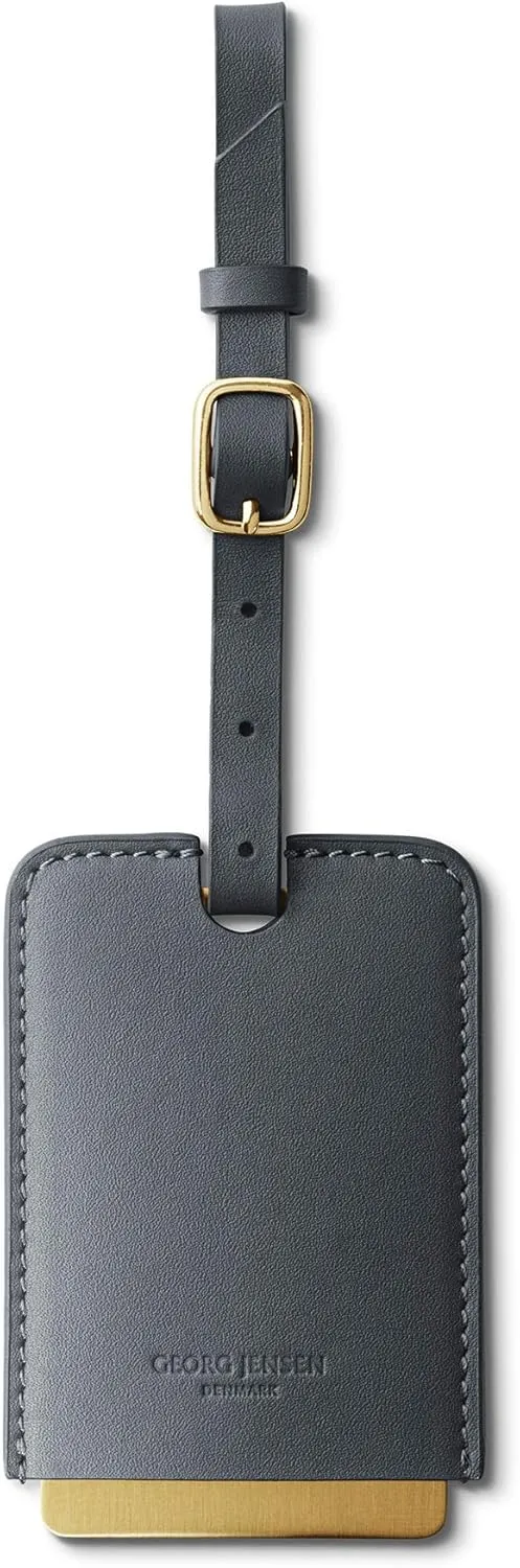 Georg Jensen Designer Shades Travel Tag, Calf Leather, PVD Coated Stainless Steel, Brass Silky Matte Finish, Luggage Tag, Travel, Unique Gift