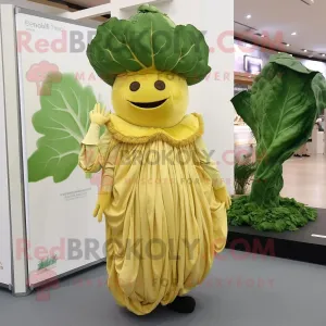 Gold Cabbage Leaf mascot costume character dressed with a Empire Waist Dress and Beanies, Large