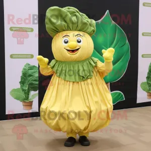 Gold Cabbage Leaf mascot costume character dressed with a Empire Waist Dress and Beanies, Large