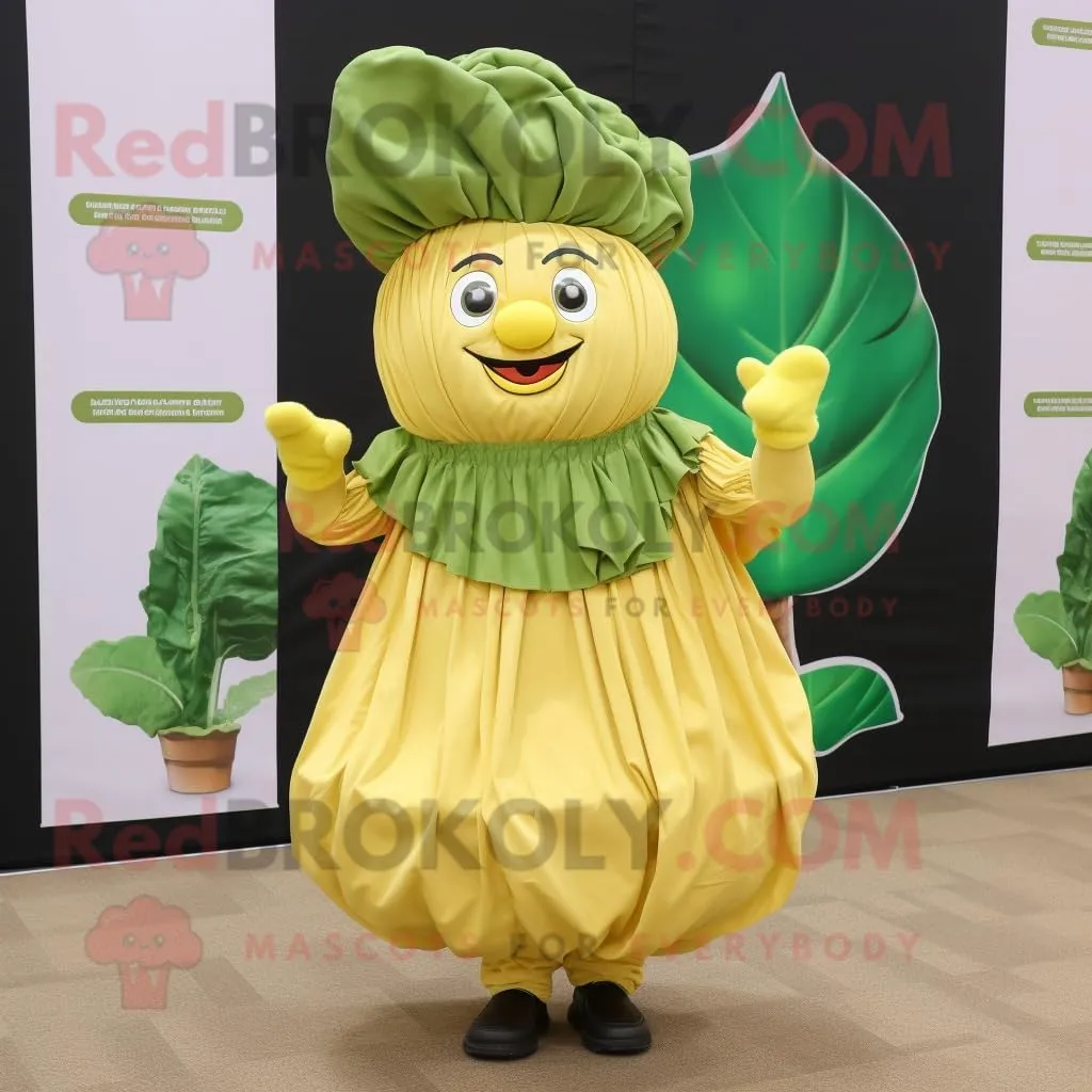 Gold Cabbage Leaf mascot costume character dressed with a Empire Waist Dress and Beanies, Large