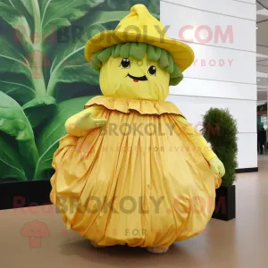 Gold Cabbage Leaf mascot costume character dressed with a Empire Waist Dress and Beanies
