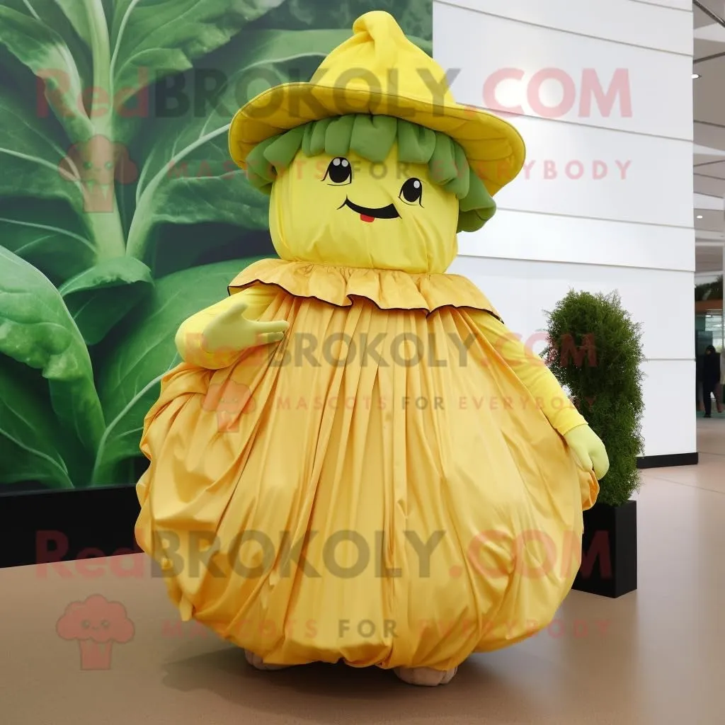 Gold Cabbage Leaf mascot costume character dressed with a Empire Waist Dress and Beanies