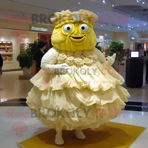 Gold Cabbage mascot costume character dressed with a Wedding Dress and Shoe clips, Large