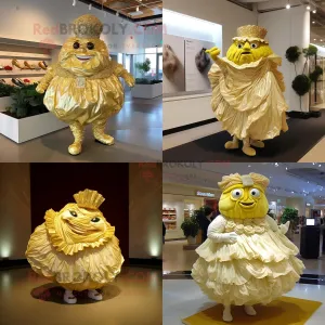 Gold Cabbage mascot costume character dressed with a Wedding Dress and Shoe clips, Large
