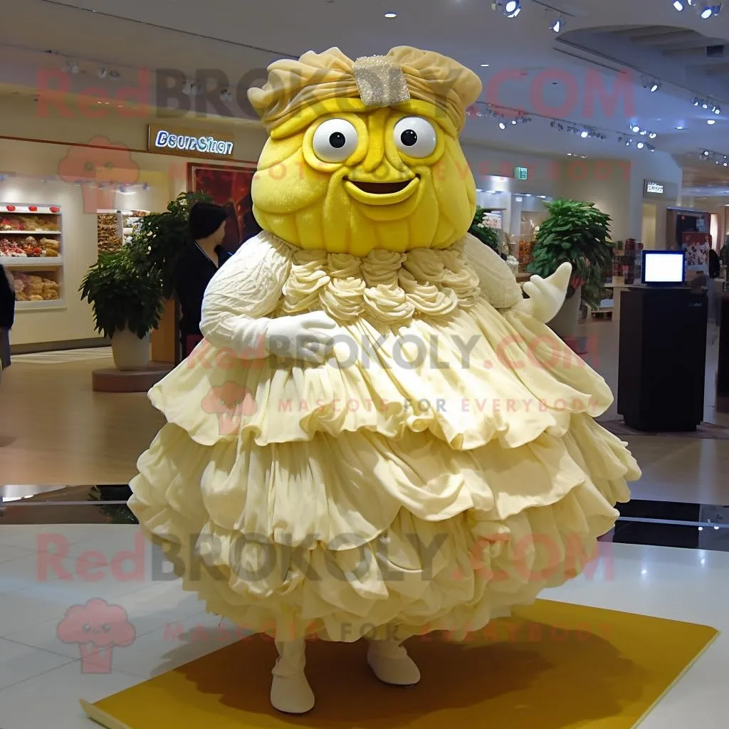 Gold Cabbage mascot costume character dressed with a Wedding Dress and Shoe clips, Large