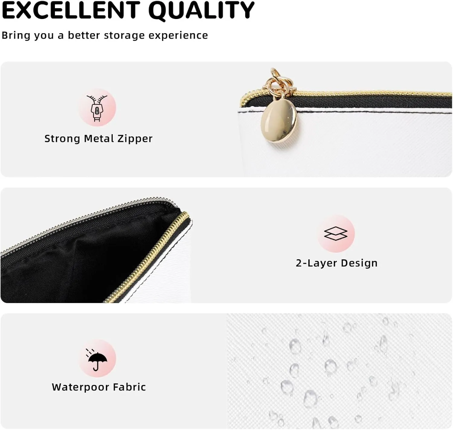 Gold Leather Travel Toiletry Bag - Reusable cry rabbit Cosmetic Makeup Accessories Organizer - Women Purse with Zipper