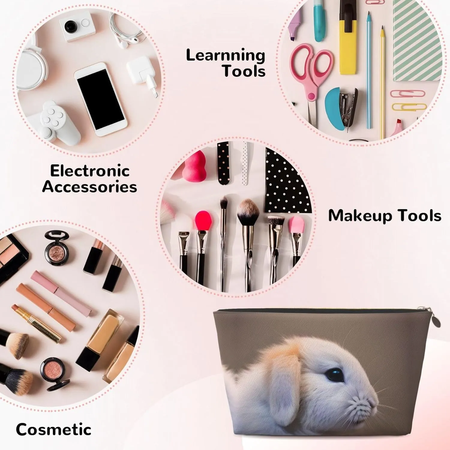 Gold Leather Travel Toiletry Bag - Reusable cry rabbit Cosmetic Makeup Accessories Organizer - Women Purse with Zipper