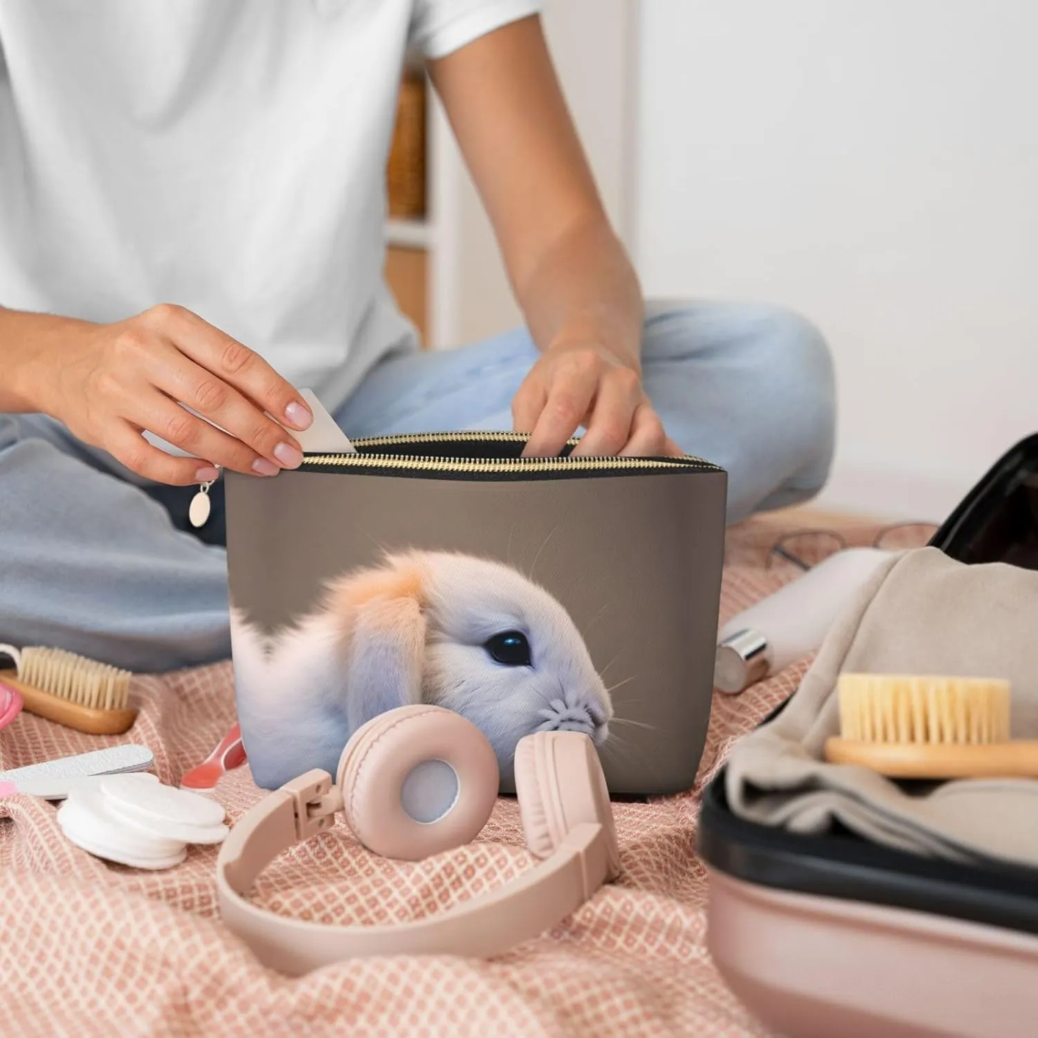 Gold Leather Travel Toiletry Bag - Reusable cry rabbit Cosmetic Makeup Accessories Organizer - Women Purse with Zipper