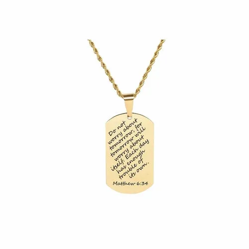 Gold Stainless Steel Scripture Tag Necklace with 22 Inch Rope Chain