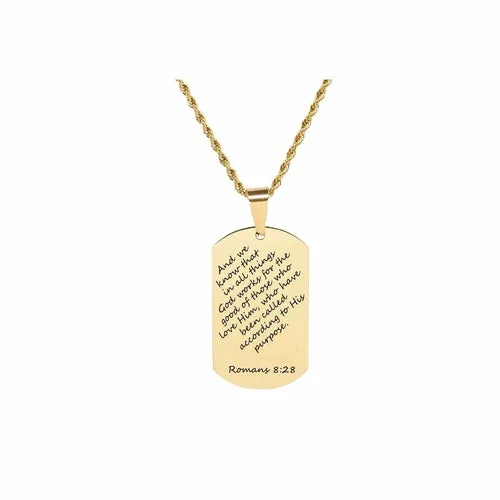Gold Stainless Steel Scripture Tag Necklace with 22 Inch Rope Chain