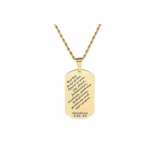 Gold Stainless Steel Scripture Tag Necklace with 22 Inch Rope Chain