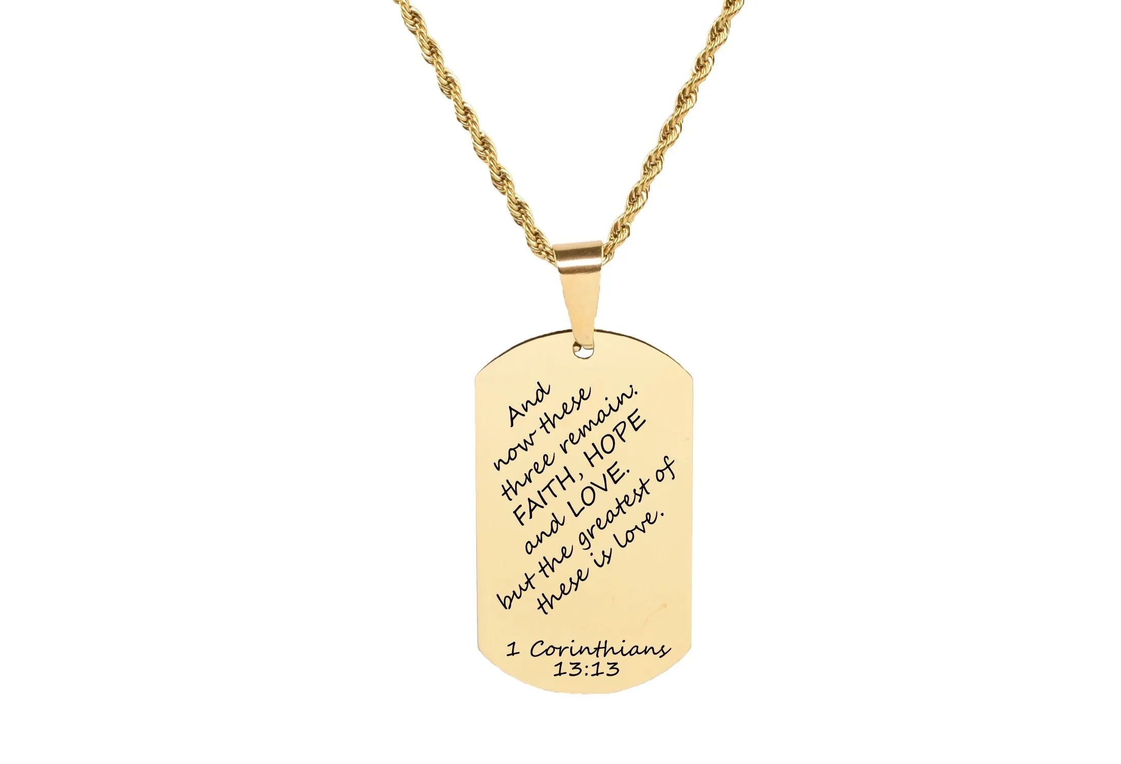 Gold Stainless Steel Scripture Tag Necklace with 22 Inch Rope Chain