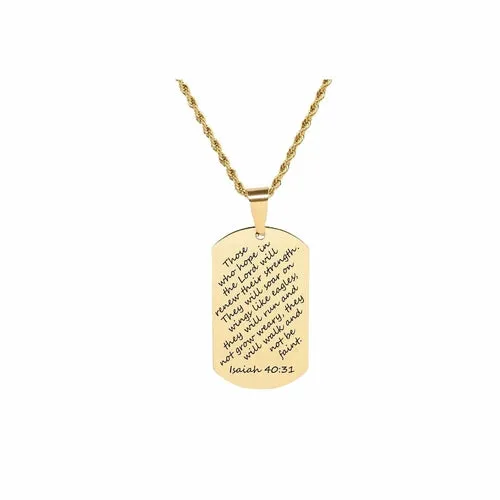 Gold Stainless Steel Scripture Tag Necklace with 22 Inch Rope Chain