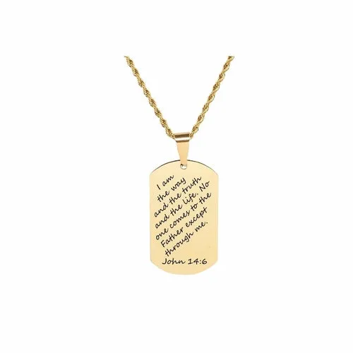 Gold Stainless Steel Scripture Tag Necklace with 22 Inch Rope Chain