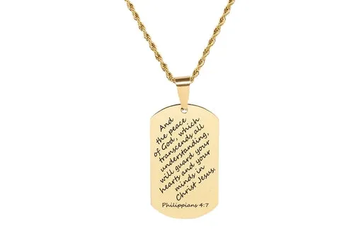 Gold Stainless Steel Scripture Tag Necklace with 22 Inch Rope Chain