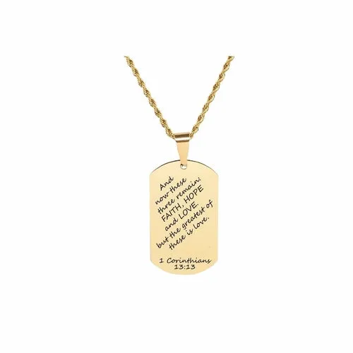 Gold Stainless Steel Scripture Tag Necklace with 22 Inch Rope Chain