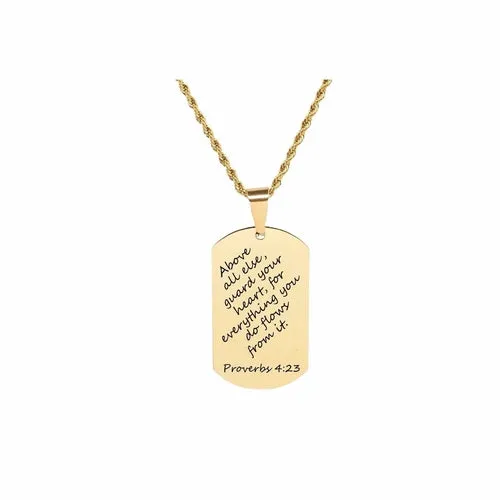 Gold Stainless Steel Scripture Tag Necklace with 22 Inch Rope Chain