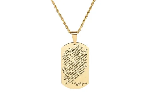 Gold Stainless Steel Scripture Tag Necklace with 22 Inch Rope Chain
