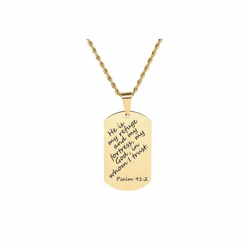Gold Stainless Steel Scripture Tag Necklace with 22 Inch Rope Chain