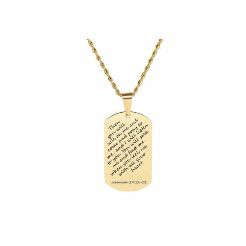 Gold Stainless Steel Scripture Tag Necklace with 22 Inch Rope Chain